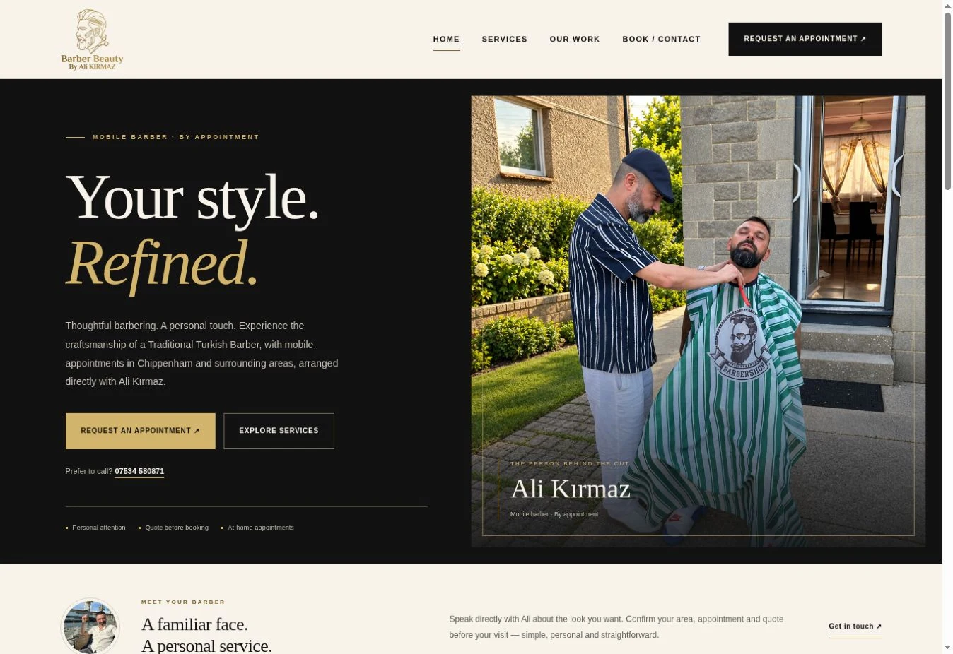 Homepage screenshot of the Akırmaz mobile barber website
