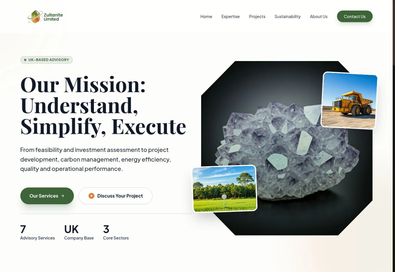 Homepage screenshot of the Zultanite corporate website